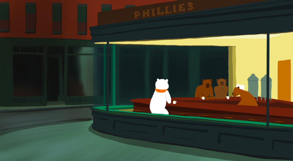 carte postal ours au bar style Edward Hopper